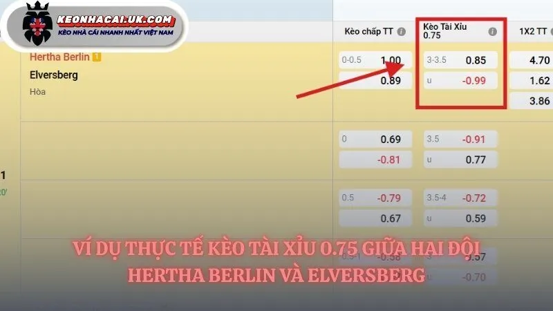Ví dụ kèo tài xỉu 0.75